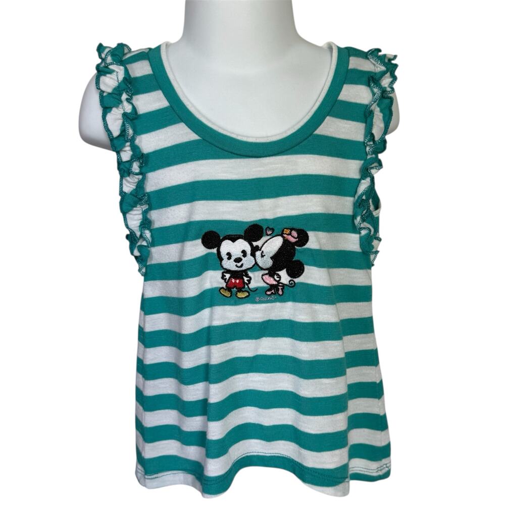 Girls 4T Teal White Stripe Ruffle Vintage Minnie & Mickey Embroidered Top Shirt
